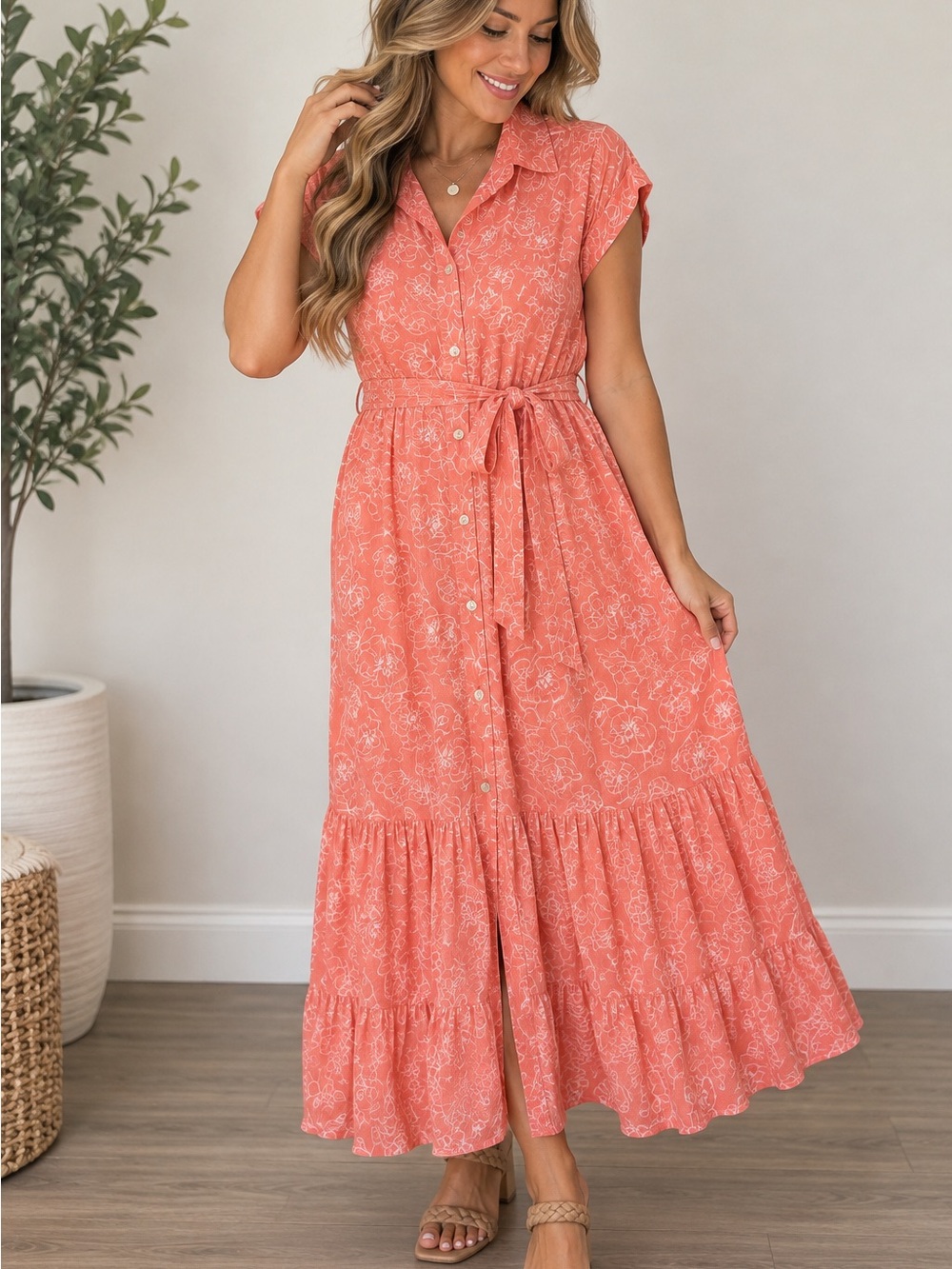 Ann Taylor Factory Size 8 Coral Floral Button Front Maxi Dress